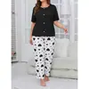 Conjunto de pijama longo com estampa de coração e decote V de manga curta, best-seller transfronteiriço europeu e americano para casa, pode ser usado fora como um suéter pijama