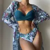 Traje de baño de comercio exterior europeo y americano Amazon AliExpress estampado nuevo manga larga sexy tres piezas blusa de malla bikini