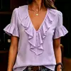 En Stock Verano 2026 Nuevo Estilo Comercio Exterior Transfronterizo Moda Europea y Americana Elegante Camiseta de Mujer con Volantes y Cuello en V