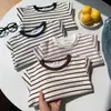 Sudadera infantil de cuello redondo con rayas de colores para primavera y otoño, top holgado de manga larga para niños y niñas, jersey casual para niños pequeños, adecuado como prenda exterior