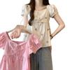 Camisa Floral de Cuello Cuadrado con Mangas Abullonadas para Mujer 2026 Verano Nuevo Estilo Dulce y Elegante Camisa de Manga Corta Top Corto para Estudiante