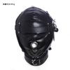 Suministros sexys para adultos, tocado con cubre ojos y mascarilla ajustable con fugas en la boca, de cuero grueso, negro y rojo, accesorios tipo jersey.