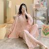Pijamas de Algodón Seda de Estilo Nuevo para Mujer Cárdigan Conjunto de Dos Piezas Pijamas para Mujer Primavera Manga Larga Algodón Artificial Conjunto de Ropa de Casa para Mujer Primavera