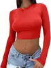 2024 Explosiones Transfronterizas Europeas y Americanas para Mujeres Camiseta Sexy de Color Sólido con Cuello Redondo de Manga Larga Ajustada al Cuerpo para Mostrar el Ombligo Ropa para Mujeres