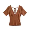 25109-26 Primavera Estilo Coreano Ajustado Cuello en V Profundo Atado Liso Corto Manga Corta Suéter Camiseta Camisa Base