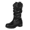 2026 Botas Femininas de Cano Médio para Comércio Exterior Transfronteiriço, Bico Redondo, Salto Bloco, Solado Grosso, Tamanhos 34-45, Tamanho Grande, Botas de Motociclista Femininas da Moda