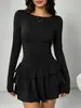 Vestido de mujer dulce y fresco con cintura ceñida, mangas largas plisadas, falda corta, vestido tipo pastel de volantes multicapa para uso diario