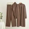 Conjunto de Punto Holgado Casual Europeo y Americano Transfronterizo para Mujer: Cárdigan Chal Largo + Suéter de Cuello Alto + Pantalones de Pierna Ancha - Conjunto de Tres Piezas