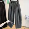 Pantalones anchos engrosados para otoño e invierno, de cintura alta, con cordón, corte holgado, efecto adelgazante, fluidos, casual, mezcla de lana gris, forrados de forro polar, pantalones de pierna curva