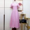 Vestido Longo Feminino 2025 Decorado com Pérolas Verão Gola Redonda Manga Curta Vestido Tricotado Vestido com Cintura Vazada Vestido de Férias para Praia