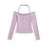 Camiseta Feminina Tendência e Sexy de Manga Longa com Gola Halter de Um Ombro, Camisa Base Curta Slim Fit para Primavera