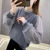 Suéter de Punto Fino Sexy para Mujer con Mangas de Hilo de Encaje, Costura, Ropa Interior de Primavera y Otoño 2023, Cuello Redondo con Adorno Auricular