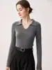 Suéter de cachemira 100% pura con cuello polo para mujer, corte ajustado, elegante, adecuado para el trabajo, capa base de punto