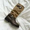 Botas de Tendencia Temperamental 2026 Otoño/Invierno Nuevas Botas de Tacón Grueso de Media Pantorrilla para Mujer Punta Redonda Tacón Bajo Botas Arrugadas Hebilla Metálica Botas de Motociclista