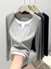 Camiseta de Manga Larga con Diseño Falso de Dos Piezas H261 para Mujer en Otoño, Aspecto Adelgazante, Top Elegante y Hermoso, Camiseta Básica de Cuello Redondo