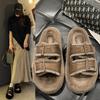 Slippers de felpa con suela gruesa talla grande transfronterizos para mujer, nuevos de otoño e invierno 2024, moda, hebilla de cuero, zapatillas de algodón peludo