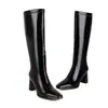 Botas de Couro Envernizado Femininas Tamanhos 34-48 Outono e Inverno, Cor Sólida, Solado de Borracha, Antiderrapante, Salto Quadrado, Botas de Couro Versáteis, Sapatos Femininos de Tamanho Grande