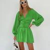Vestido Elegante Europeu e Americano de Cetim com Mangas Longas Feminino para o Trabalho Verde Cintura Franzida Plissado Decote V Mangas Bufantes Saia Evasê Outono