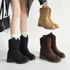 Botas de cowboy western redondas da moda europeia e americana retrô para mulheres, novas botas de moda versáteis de cano médio para outono e inverno de 2026