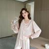 Pijamas novos de Primavera e Outono jacquard pétalas de coração de pêssego Seda Gelo gola redonda feminino conjunto de calças de manga comprida Estilo网红 roupa de casa