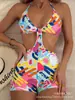 2026 Novo Comércio Exterior Transfronteiriço Estilo Europeu e Americano Peça Única Estampada Maiô Boxer Feminino Graffiti Biquíni Sexy Roupa de Banho