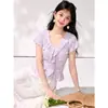 Sí Verano Dulce Estilo Top de Punto con Cuello Volante de Flores Tridimensionales Pesadamente Bordado para Mujer en Morado