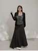 Julu Studio Conjunto de Mujer Tallas Grandes Estilo Coreano Camisola Rayada Relajada Elegante Cárdigan Falda de Cintura Alta Tallas Grandes
