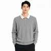 Estilo Old Money para Hombre Bloque de Color Cuello Solapa Cremallera Camisa Polo de Punto Primavera Otoño 2026 Nuevo Canalé Vertical Manga Larga Lana Ropa de Hombre