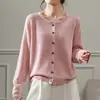 Cardigan de Tricô Feminino Outono 2026 Novo com Borda Enrolada Gola Redonda Manga Longa Suéter Casaco Solto Abotoado Camisa Base