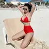 Nuevo Traje de Baño para Mujer, Estilo Japonés y Coreano, Sexy Espalda Descubierta, Cintura Alta, Oculta Abdomen, Adelgazante, Push-Up para Bustos Pequeños y Grandes, Dos Piezas, Bikini de Color Sólido