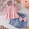 Nuevo conjunto de verano para chica de 26 años: top rosa de tirantes y pantalón falda rosa, dulce y elegante, directo de fábrica