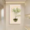 Pintura Decorativa de Entrada Estilo Crema Planta Verde Hidropónica Textura de Arenisca Estéreo Pintura Colgante de Pared de Fondo para Sala de Estar Luminosa LED