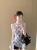 Top de Tirantes con Diseño Floral a Cuadros para Mujer, Verano, Atado, Ajustado, Sin Mangas, Ropa Exterior, Estilo Dulce de Nicho, Top Adelgazante