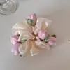 Scrunchie Grande Flor Tulipa Doce Estilo Coreano para Mulheres, Elástico de Cabelo, Corda para Coque, Faixa de Cabelo, Acessório de Cabelo Elástico