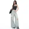 Jeans Feminino de Moda 2026 com Acabamento Pesado, Strass Fixado a Quente, Pedras Grandes, Design Desgastado, Calça Reta, Yichun