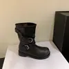 Botas de moto Chuyuji estilo retro con hebilla, de corte bajo, punta redonda, tacón medio grueso, botas de moda, versátiles botas de montar