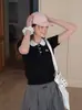 Camiseta de tricô preta estilo francês com gola polo bordada para mulheres, top de verão com blocos de cor retrô e gola boneca de manga curta