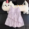 Pijama Sexy Estilo Desejo Puro para Mulheres, Conjunto de Shorts com Alça Xadrez de Verão, Roupa Doce para Casa com Bojos, Atacado Transfronteiriço