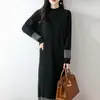 Vestido de malha intársia color-block 100% lã, comprimento médio, para mulheres, gola semi-alta, mangas compridas, sem botões, corte solto, saia lápis