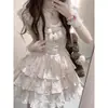 Vestido floral doce estilo francês com manguinhas bufantes para mulheres, vestido de princesa bufante para o verão, cintura marcada com laço, para baixinhas