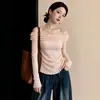 Blusa de manga larga con hombros descubiertos y ribete de encaje, estilo puro deseo, talla grande para mujer, otoño, plisada, adelgazante, con hombros descubiertos