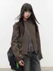 Chaqueta de cuero retro gris-verde-marrón con cuello alto, corte ajustado, para mujer, diseño de otoño, adelgazante y versátil, chaqueta corta de cuero