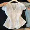Estilo Coreano Verano 2026 Nuevo Dongdaemun Bordado Pesado Adorno de Encaje Manga Acampanada Cuello en V Lazada Camisa de Algodón Puro