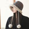 Chapéu Lei Feng Feminino Outono e Inverno Forrado com Lã Espesso Estilo Étnico Cor Dupla Bola Chapéu de Tricô com Proteção para Orelhas Chapéu à Prova de Frio