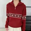 Suéter Vintage Rojo Fair Isle con Cuello para Mujer, Top de Punto Estilo Casual, Nuevo Top Grueso de Manga Larga Otoño/Invierno