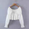 Moda feminina europeia e americana de verão nova cor sólida gola ombro a ombro blusa de tricô plissada top camisa solta C74386