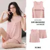 Pijama de Seda Hielo Delgado de Verano para Mujer con Copas Integradas, Camiseta sin Mangas, Shorts, Anti-Exposición, Conjunto de Ropa para el Hogar a la Moda