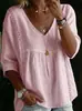 2026 Nova Blusa Camisa Feminina de Renda com Decote em V, Cor Sólida, Manga Três Quartos, Casual, para Comércio Exterior Transfronteiriço