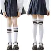 Meias de Performance para Foto de Formatura Infantil Verão Finas Três Listras Longas Cano Alto Brancas Acima do Joelho para Meninos e Meninas