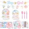 Kit Festa Revelação de Gênero Ursinho Menino ou Menina Azul Rosa Batizado Pratos de Papel Copos de Papel Toalha Balões Decorações